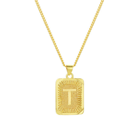 Imagen de 1 Unidad Respetuoso del Medio Ambiente Elegante Letra Mayúscula 18K Oro Real Chapado Latón Cadenas de Curb Rectángulo Raya Mensaje " T " Collar con Colgante Unisexo 45cm + 5cm longitud