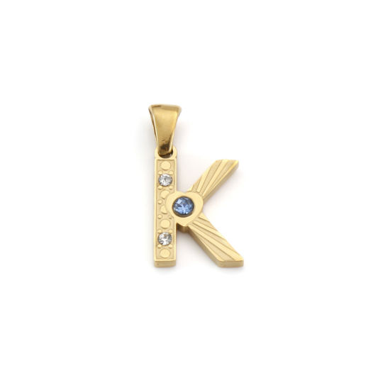 Imagen de 1 Unidad Recubrimiento al Vacío PVD Ecológico 304 Acero Inoxidable Colgantes Charms Chapado en Oro de 18K Letra Mayúscula Mensaje " K " Azul Circón Artificial 23mm x 12mm