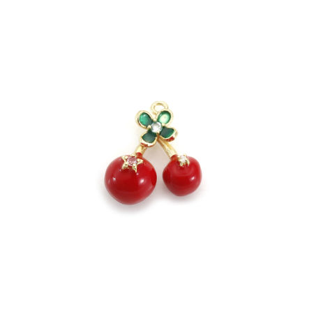 1 Piece Brass Charms 18K Gold Plated Red & Green Enamel Cherry Fruit 3D Clear Cubic Zirconia 17.4mm x 17mm