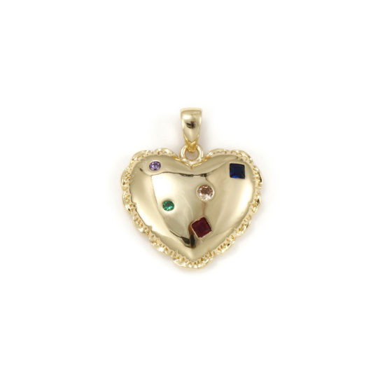 Picture of 1 Piece Eco-friendly Brass Valentine's Day Charm Pendant 18K Real Gold Plated Heart Multicolour Cubic Zirconia 21mm x 18mm