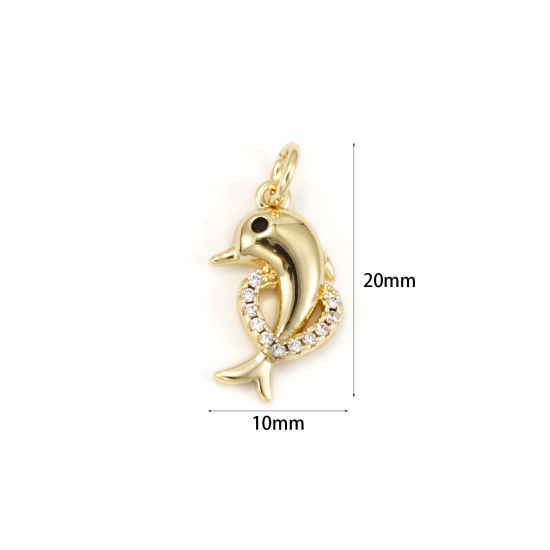 Image de 1 Pièce Breloques Bijoux d'Océan Respectueux de la Nature en Laiton Plaqué Or Véritable 18K Dauphin à Zircone Cubique Clair 20mm x 10mm