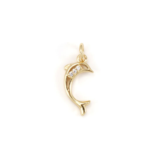 Image de 1 Pièce Breloques Bijoux d'Océan Respectueux de la Nature en Laiton Plaqué Or Véritable 18K Dauphin Micro Pave à Zircone Cubique Clair 20mm x 8mm