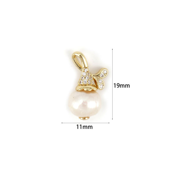 Image de 1 Pièce Breloques Respectueux de la Nature en Perle Naturelle & Laiton Plaqué Or Véritable 18K Goutte d'Eau à Zircone Cubique Clair 19mm x 11mm