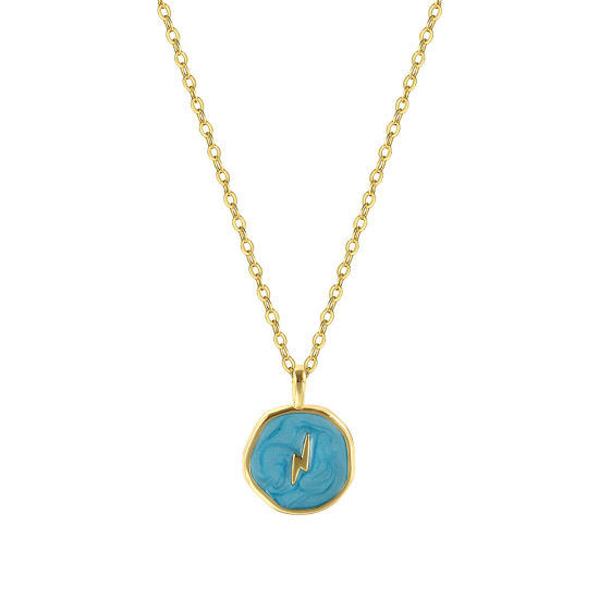 Imagen de 1 Unidad Respetuoso del Medio Ambiente Elegante Estilo Ins 18K Oro Real Chapado Azul Latón Cadena de Cable Cruz Ronda Disco Relámpago Esmalte Collar con Colgante Para Mujeres Regalo 46cm + 6cm longitud