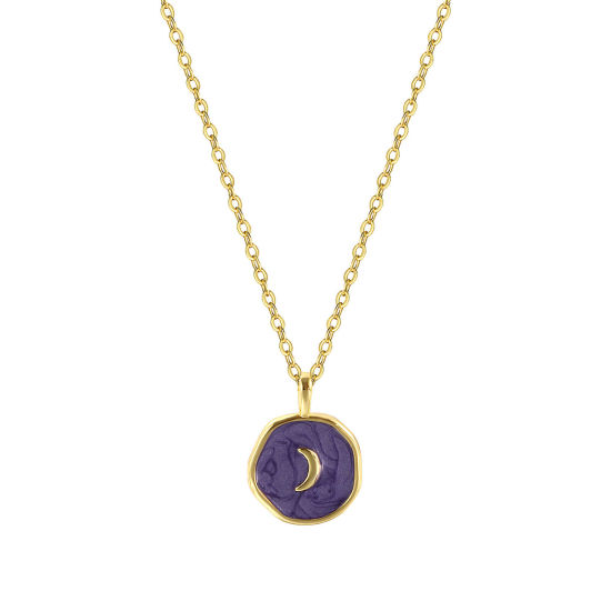 Imagen de 1 Unidad Respetuoso del Medio Ambiente Elegante Estilo Ins 18K Oro Real Chapado Púrpura Latón Cadena de Cable Cruz Ronda Disco Luna Esmalte Collar con Colgante Para Mujeres Regalo 46cm + 6cm longitud