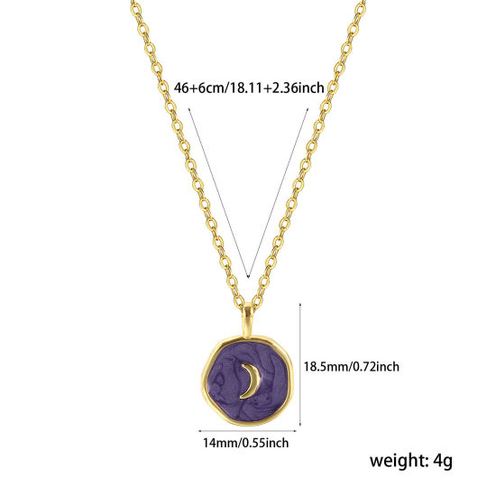 Imagen de 1 Unidad Respetuoso del Medio Ambiente Elegante Estilo Ins 18K Oro Real Chapado Púrpura Latón Cadena de Cable Cruz Ronda Disco Luna Esmalte Collar con Colgante Para Mujeres Regalo 46cm + 6cm longitud