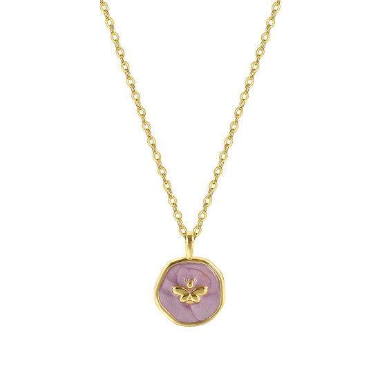 Imagen de 1 Unidad Respetuoso del Medio Ambiente Elegante Estilo Ins 18K Oro Real Chapado Púrpura Claro Latón Cadena de Cable Cruz Ronda Disco Abeja Esmalte Collar con Colgante Para Mujeres Regalo 46cm + 6cm longitud
