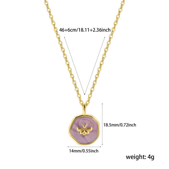 Imagen de 1 Unidad Respetuoso del Medio Ambiente Elegante Estilo Ins 18K Oro Real Chapado Púrpura Claro Latón Cadena de Cable Cruz Ronda Disco Abeja Esmalte Collar con Colgante Para Mujeres Regalo 46cm + 6cm longitud