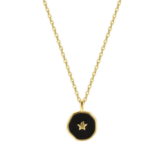 Imagen de 1 Unidad Respetuoso del Medio Ambiente Elegante Estilo Ins 18K Oro Real Chapado Negro Latón Cadena de Cable Cruz Ronda Disco Estrella Esmalte Collar con Colgante Para Mujeres Regalo 46cm + 6cm longitud