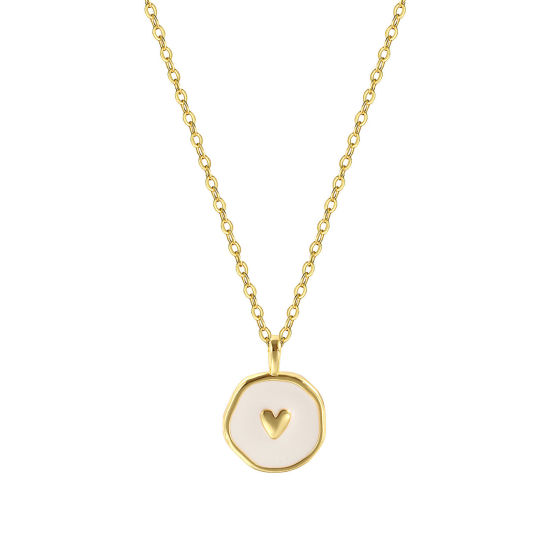 Imagen de 1 Unidad Respetuoso del Medio Ambiente Elegante Estilo Ins 18K Oro Real Chapado Blanco Latón Cadena de Cable Cruz Ronda Disco Corazón Esmalte Collar con Colgante Para Mujeres Regalo 46cm + 6cm longitud