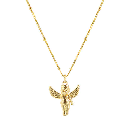 Picture of 1 Piece Eco-friendly Exquisite Religious 18K Real Gold Plated Brass Curb Link Chain Angel 3D Pendant Charm Necklace For Women Gift 45cm(17.7") + 5cm(2") long