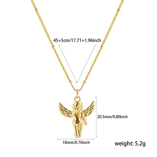 Picture of 1 Piece Eco-friendly Exquisite Religious 18K Real Gold Plated Brass Curb Link Chain Angel 3D Pendant Charm Necklace For Women Gift 45cm(17.7") + 5cm(2") long