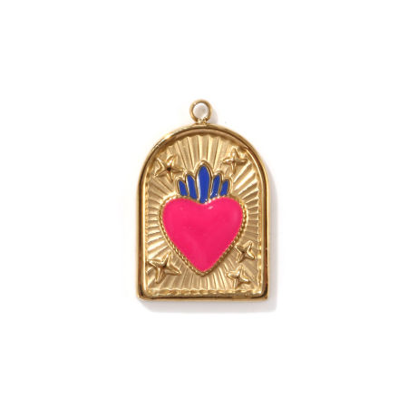 Picture of 1 Piece Eco-friendly PVD Vacuum Plating Waterproof Anti-Tarnish Hypoallergenic 304 Stainless Steel Religious Charms 18K Real Gold Plated Fuchsia Window Ex Voto Heart Enamel 21mm x 14mm
