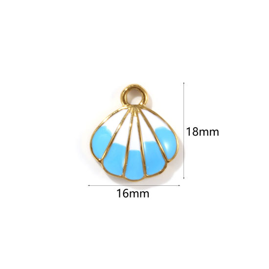 Image de 1 Piece Eco-friendly PVD Vacuum Plating 304 Stainless Steel Ocean Jewelry Charms 18K Real Gold Plated White & Blue Enamel Shell 18mm x 16mm