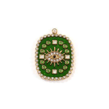 Picture of 1 Piece Eco-friendly PVD Vacuum Plating Waterproof Anti-Tarnish Hypoallergenic 304 Stainless Steel & Cubic Zirconia Religious Charms 18K Real Gold Plated Dark Green Enamel Oval Eye of Providence/ All-seeing Eye 27mm x 20mm