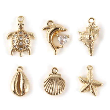1 Set ( 6 PCs/Set) Brass Ocean Jewelry Charms 18K Gold Plated Shell Mixed 3D