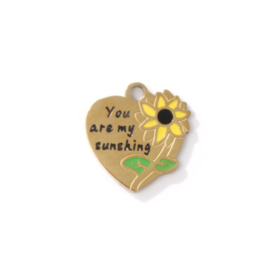 Image de 2 PCs Eco-friendly PVD Vacuum Plating 304 Stainless Steel Charms 18K Gold Plated Heart Sunflower Enamel 16mm x 15mm