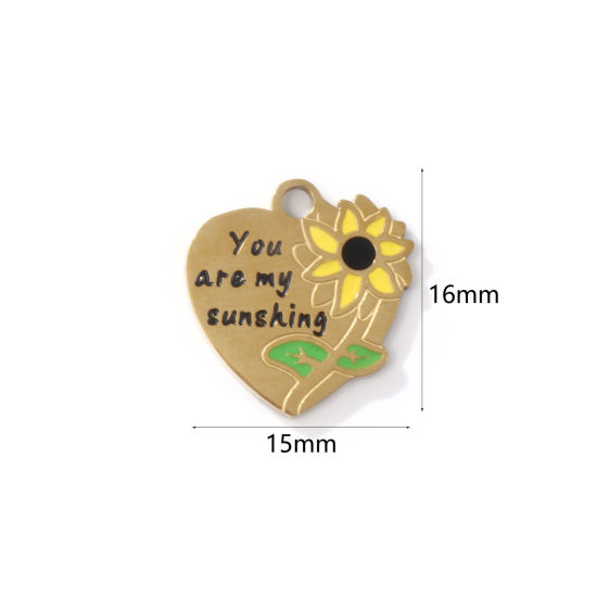 Image de 2 PCs Eco-friendly PVD Vacuum Plating 304 Stainless Steel Charms 18K Gold Plated Heart Sunflower Enamel 16mm x 15mm