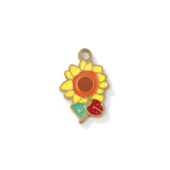 Image de 2 PCs Eco-friendly PVD Vacuum Plating 304 Stainless Steel Charms 18K Gold Plated Sunflower Enamel 18mm x 12mm