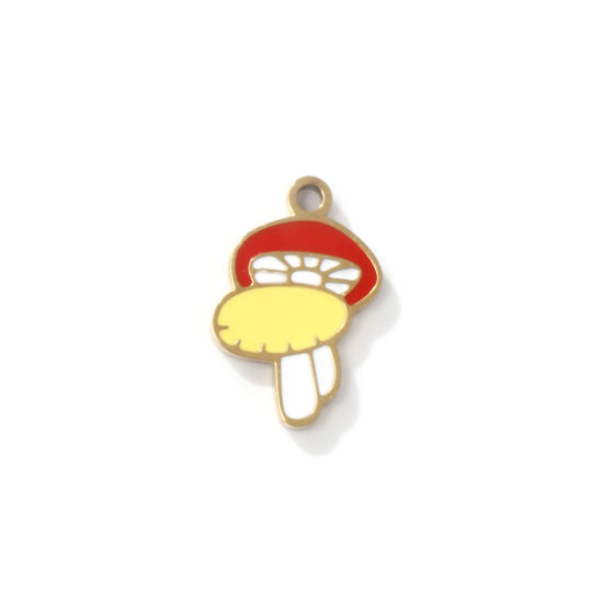 Bild von 2 PCs Eco-friendly PVD Vacuum Plating 304 Stainless Steel Charms 18K Gold Plated Mushroom Enamel 15mm x 10mm