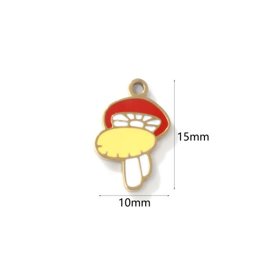 Bild von 2 PCs Eco-friendly PVD Vacuum Plating 304 Stainless Steel Charms 18K Gold Plated Mushroom Enamel 15mm x 10mm
