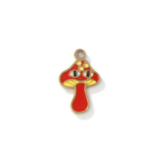 Bild von 2 PCs Eco-friendly PVD Vacuum Plating 304 Stainless Steel Charms 18K Gold Plated Mushroom Enamel 15mm x 10mm