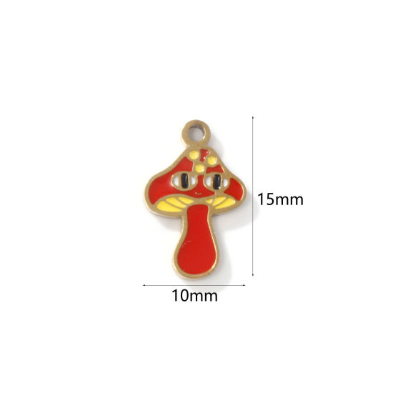 Bild von 2 PCs Eco-friendly PVD Vacuum Plating 304 Stainless Steel Charms 18K Gold Plated Mushroom Enamel 15mm x 10mm