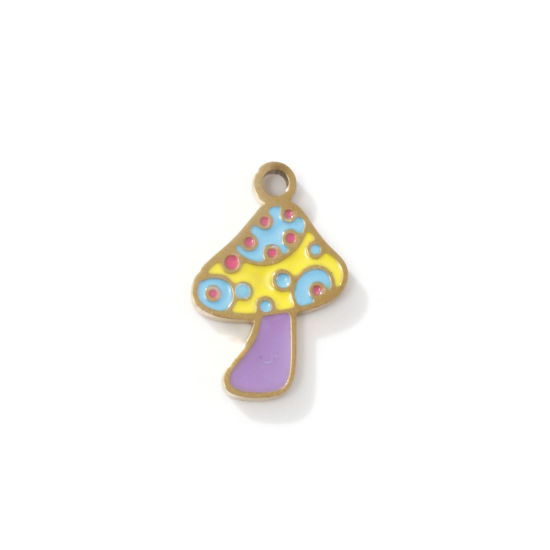 Bild von 2 PCs Eco-friendly PVD Vacuum Plating 304 Stainless Steel Charms 18K Gold Plated Mushroom Enamel 15mm x 10mm