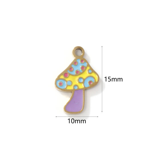 Bild von 2 PCs Eco-friendly PVD Vacuum Plating 304 Stainless Steel Charms 18K Gold Plated Mushroom Enamel 15mm x 10mm