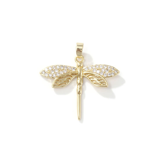 Изображение 2 PCs Brass Insect Charm Pendant 18K Gold Plated Dragonfly Animal Micro Pave Clear Cubic Zirconia 29mm x 29mm