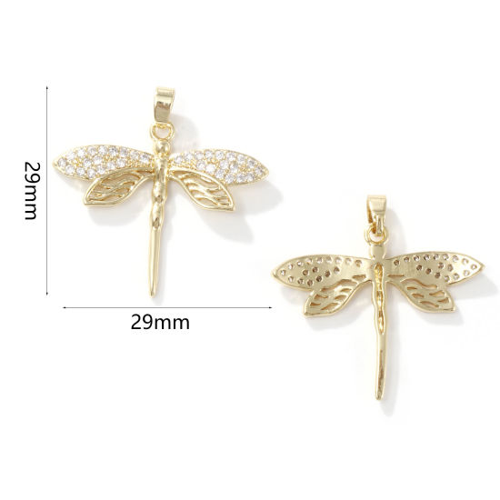 Изображение 2 PCs Brass Insect Charm Pendant 18K Gold Plated Dragonfly Animal Micro Pave Clear Cubic Zirconia 29mm x 29mm