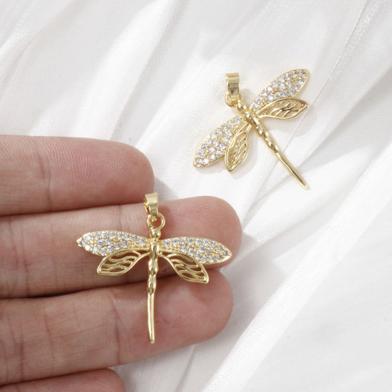 Изображение 2 PCs Brass Insect Charm Pendant 18K Gold Plated Dragonfly Animal Micro Pave Clear Cubic Zirconia 29mm x 29mm