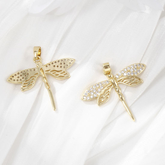 Изображение 2 PCs Brass Insect Charm Pendant 18K Gold Plated Dragonfly Animal Micro Pave Clear Cubic Zirconia 29mm x 29mm