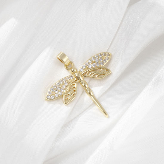 Изображение 2 PCs Brass Insect Charm Pendant 18K Gold Plated Dragonfly Animal Micro Pave Clear Cubic Zirconia 29mm x 29mm