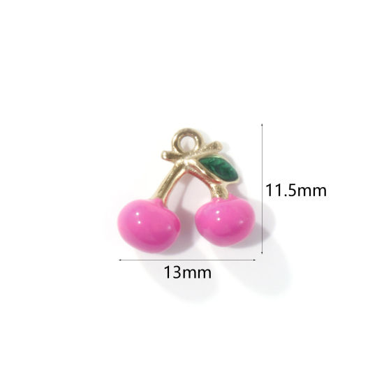 Picture of 1 Piece Eco-friendly PVD Vacuum Plating 304 Stainless Steel Charms 18K Real Gold Plated Fuchsia Enamel Cherry Fruit 3D 13mm x 11.5mm