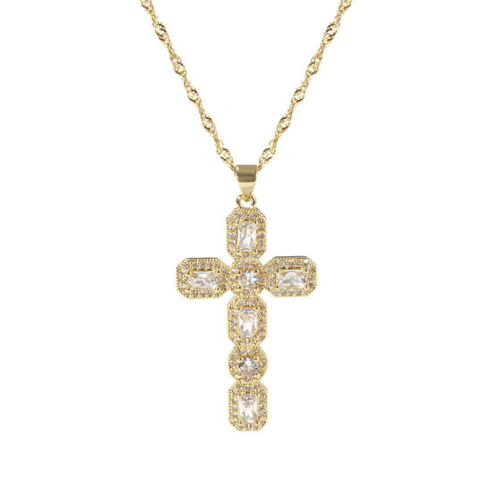 Immagine di 1 Pz Ecologico Retrò Religione 18K Vero Oro Placcato Trasparente Ottone Catena d'Onda Croce Micro Spianare Collana con Ciondolo Unisex 45cm + 5cm Lunghezza