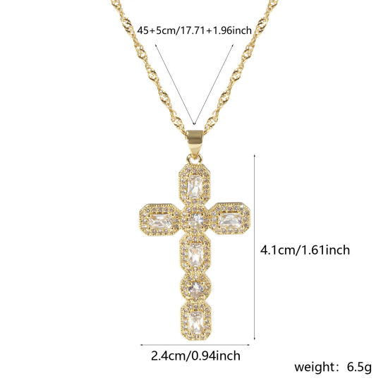 Immagine di 1 Pz Ecologico Retrò Religione 18K Vero Oro Placcato Trasparente Ottone Catena d'Onda Croce Micro Spianare Collana con Ciondolo Unisex 45cm + 5cm Lunghezza