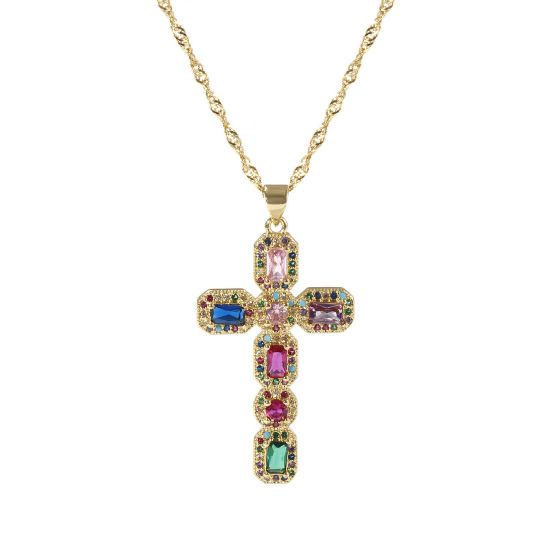 Immagine di 1 Pz Ecologico Retrò Religione 18K Vero Oro Placcato Multicolore Ottone Catena d'Onda Croce Micro Spianare Collana con Ciondolo Unisex 45cm + 5cm Lunghezza