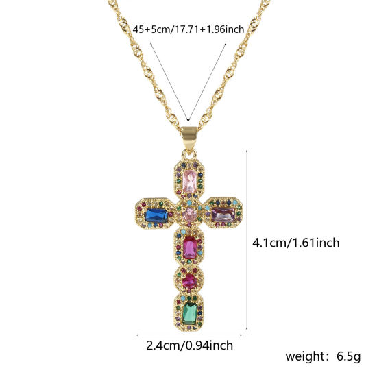 Immagine di 1 Pz Ecologico Retrò Religione 18K Vero Oro Placcato Multicolore Ottone Catena d'Onda Croce Micro Spianare Collana con Ciondolo Unisex 45cm + 5cm Lunghezza
