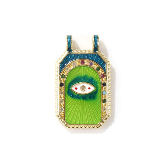 Bild von 1 Stück Umweltfreundlich Messing Micro Pave Anhänger 18K Echtgold plattiert Cyan Achteck Auge der Vorsehung/ Allsehendes Auge Emaille Bunt Kubischer Zirkon 3cm x 1.8cm