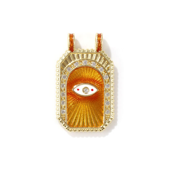 Bild von 1 Stück Umweltfreundlich Messing Micro Pave Anhänger 18K Echtgold plattiert Orange Achteck Auge der Vorsehung/ Allsehendes Auge Emaille Klar Kubischer Zirkon 3cm x 1.8cm