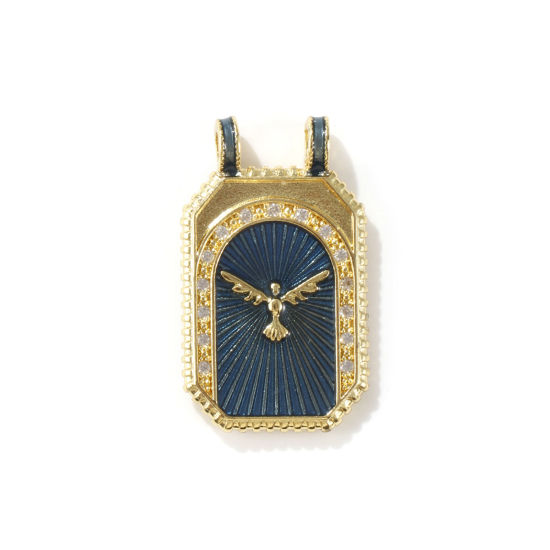 Bild von 1 Stück Umweltfreundlich Messing Micro Pave Anhänger 18K Echtgold plattiert Dunkelblau Achteck Milan Emaille Klar Kubischer Zirkon 3cm x 1.8cm