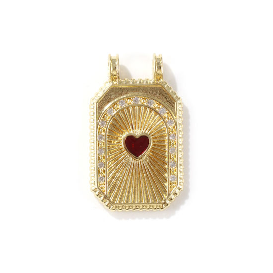 Bild von 1 Stück Umweltfreundlich Messing Micro Pave Anhänger 18K Echtgold plattiert Rot Achteck Herz Emaille Klar Kubischer Zirkon 3cm x 1.8cm