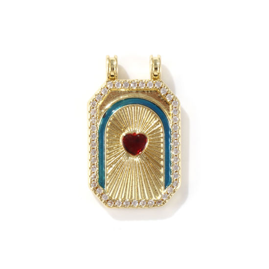 Bild von 1 Stück Umweltfreundlich Messing Micro Pave Anhänger 18K Echtgold plattiert Rot & Blau Achteck Herz Emaille Klar Kubischer Zirkon 3cm x 1.8cm