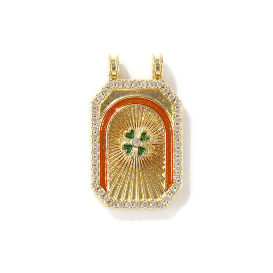 Bild von 1 Stück Umweltfreundlich Messing Micro Pave Anhänger 18K Echtgold plattiert Grün & Orange Achteck Glückliche Gras Emaille Klar Kubischer Zirkon 3cm x 1.8cm