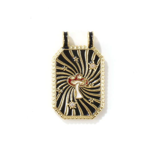 Bild von 1 Stück Umweltfreundlich Messing Micro Pave Anhänger 18K Echtgold plattiert Schwarz Achteck Pilz Emaille Klar Kubischer Zirkon 3cm x 1.8cm