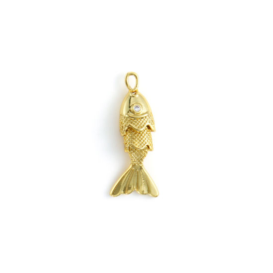 Imagen de 1 Unidad Respetuoso del Medio Ambiente Latón Joyería del océano Colgantes 18K Oro Real Chapado Pez Movible Claro Circón Artificial 23mm x 9mm