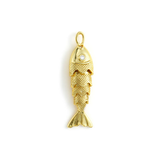 Imagen de 1 Unidad Respetuoso del Medio Ambiente Latón Joyería del océano Colgantes 18K Oro Real Chapado Pez Movible Claro Circón Artificial 33mm x 9mm