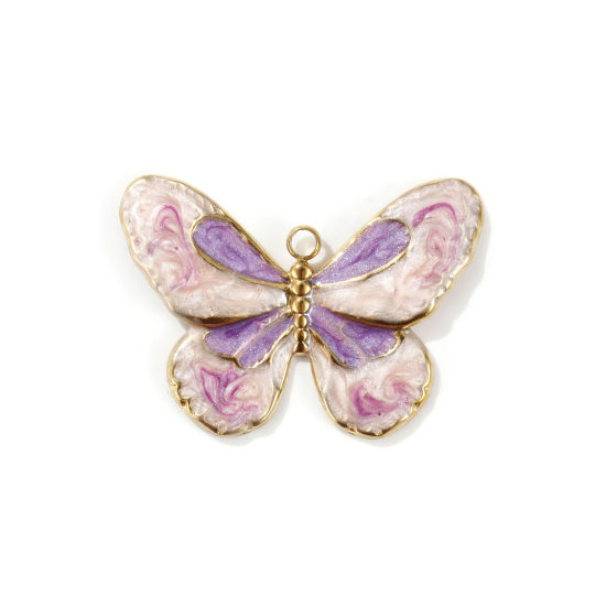 Image de 2 PCs Eco-friendly PVD Vacuum Plating 304 Stainless Steel Pendants 18K Real Gold Plated Light Pink Enamel Butterfly Animal Pearlized 3cm x 2.2cm