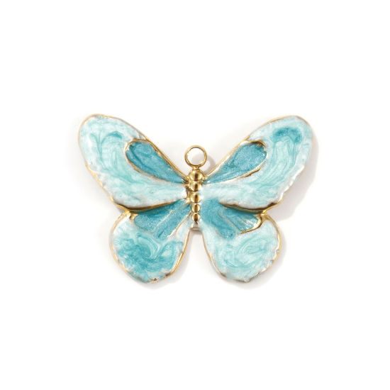 Image de 2 PCs Eco-friendly PVD Vacuum Plating 304 Stainless Steel Pendants 18K Real Gold Plated Light Green Enamel Butterfly Animal Pearlized 3cm x 2.2cm